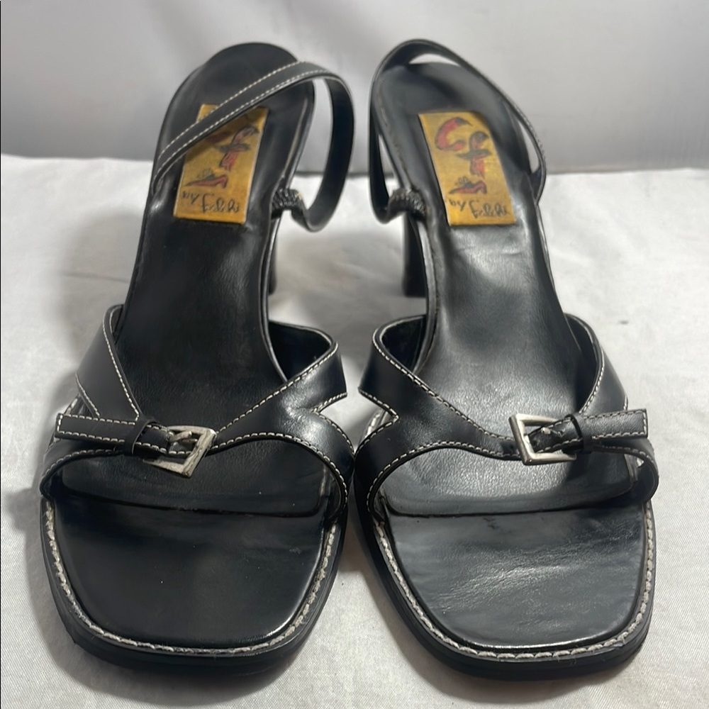 Black Leather Heels with Square Toe and Slingback